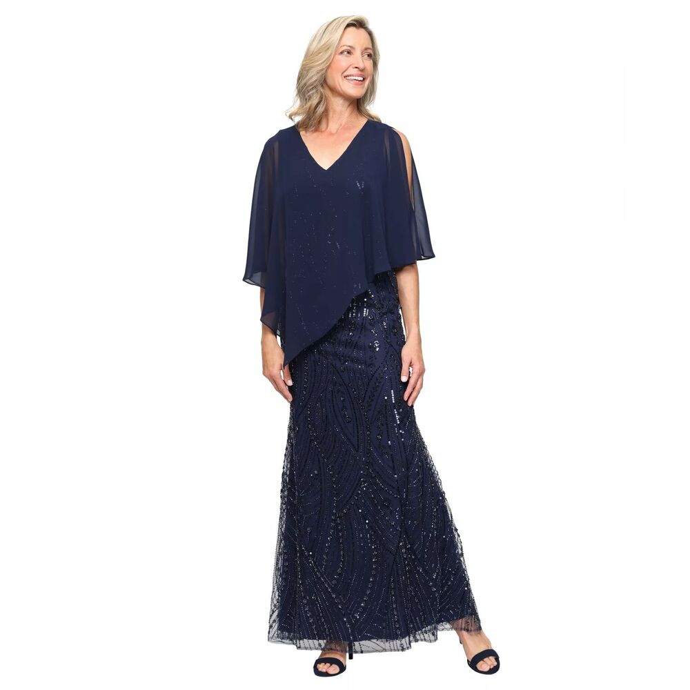 SLNY Navy Beaded Chiffon Cape Overlay Maxi MOTB Wedding Dress 20W